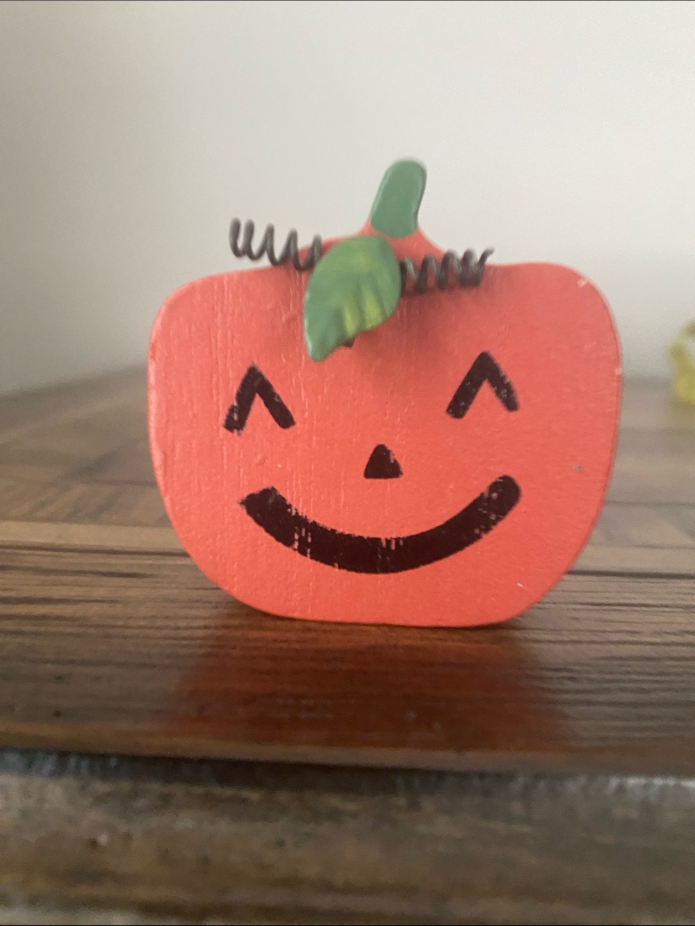 Wooden Pumpkin Decoration - with Green Metal Leaf